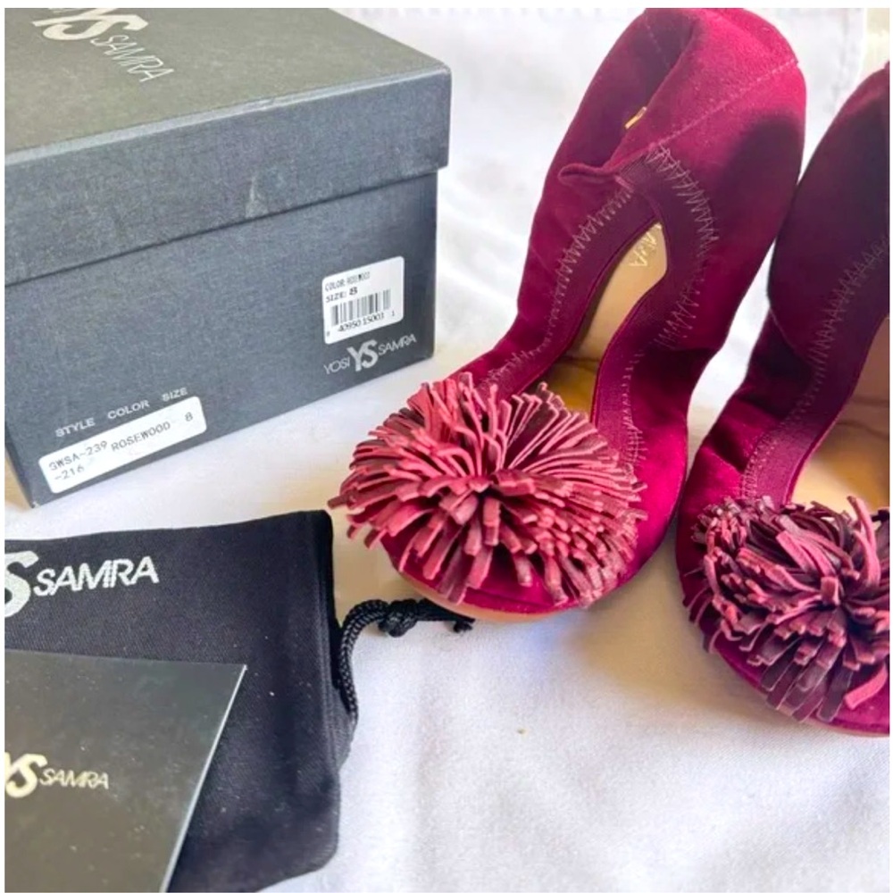 YOSI SAMRA Suede Pom Foldable Ballet Flats, Size 8 color Rosewood NIB